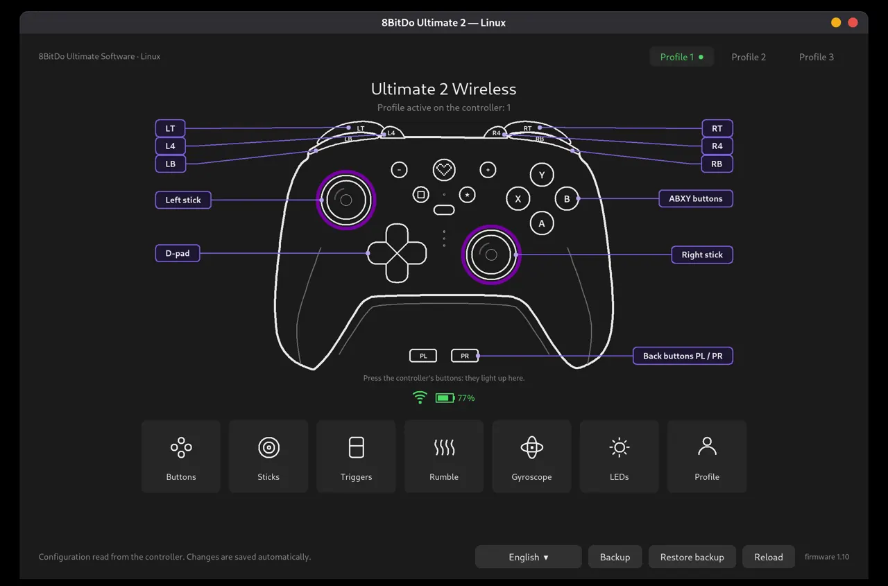Interface u2gui: visão ao vivo do controle 8BitDo Ultimate 2