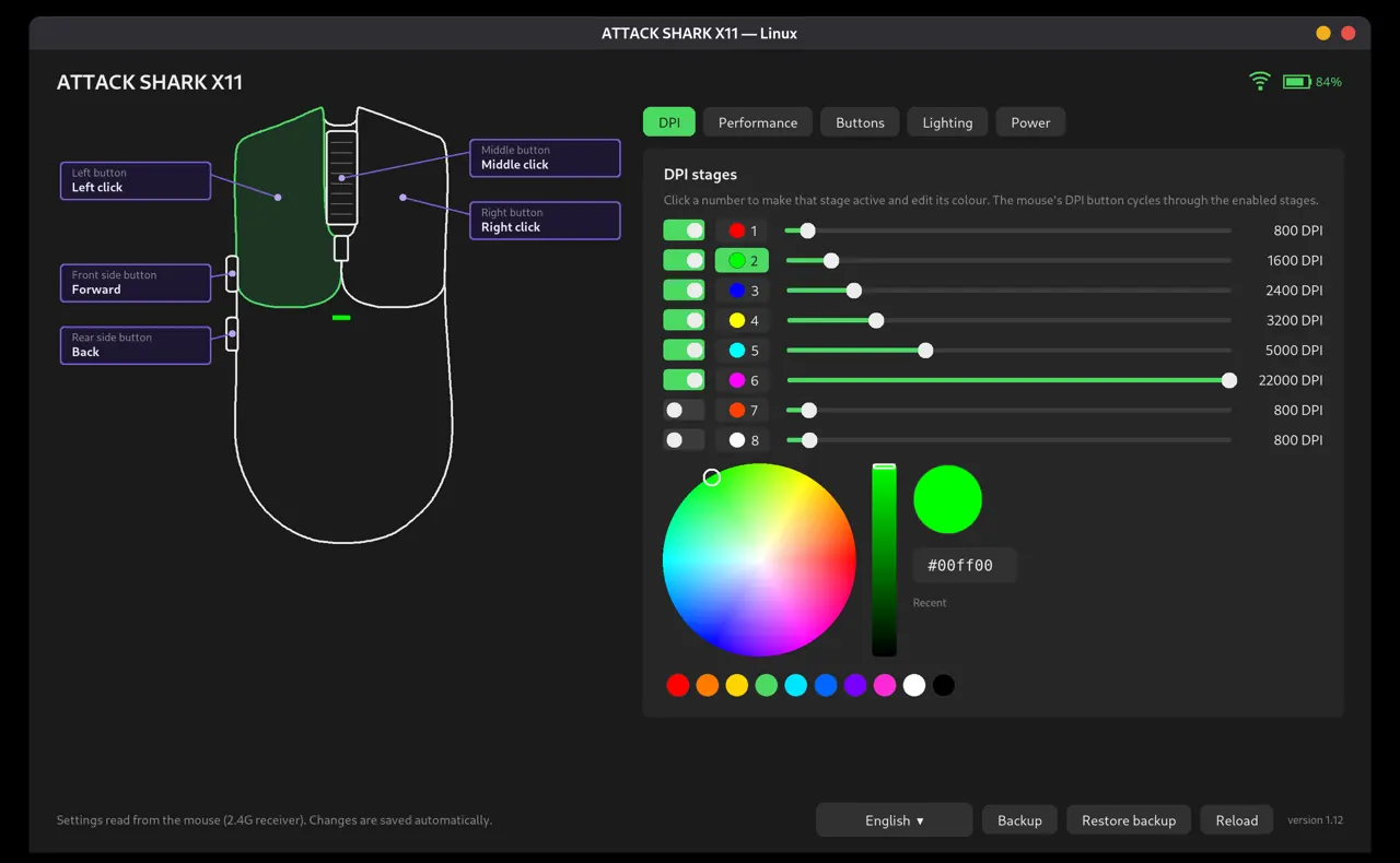 Interface x11gui com os estágios de DPI do mouse ATTACK SHARK X11