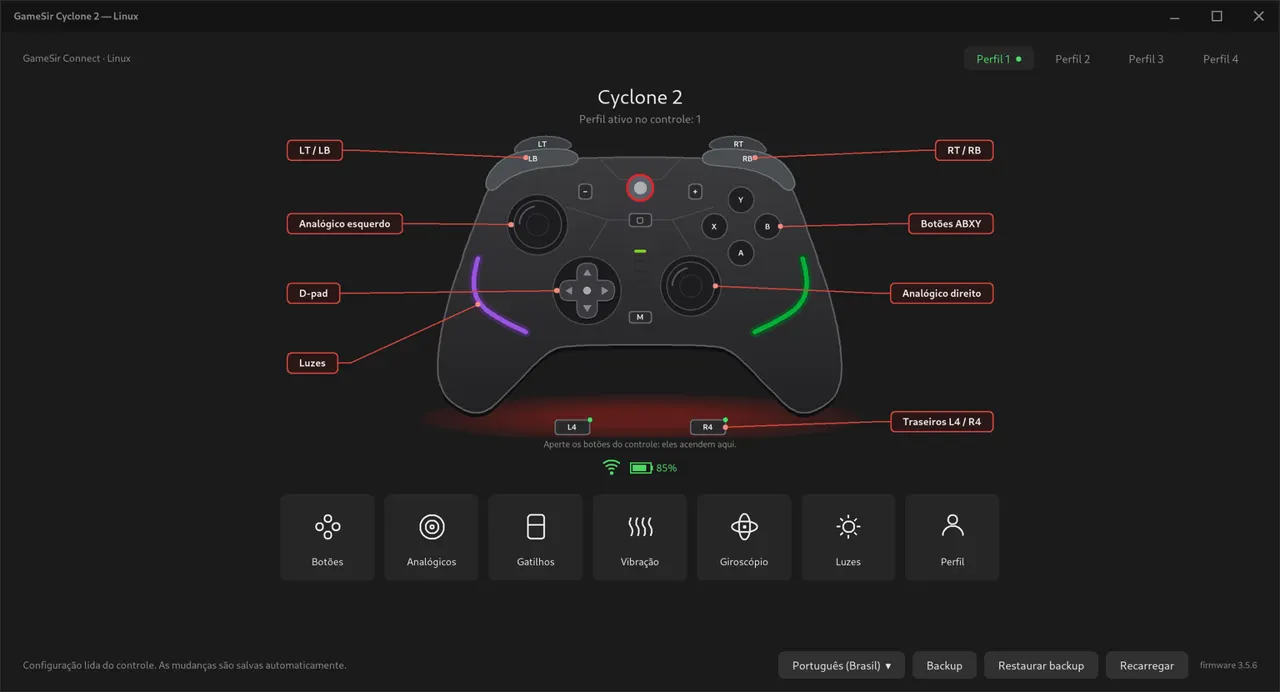 Interface c2gui do controle GameSir Cyclone 2